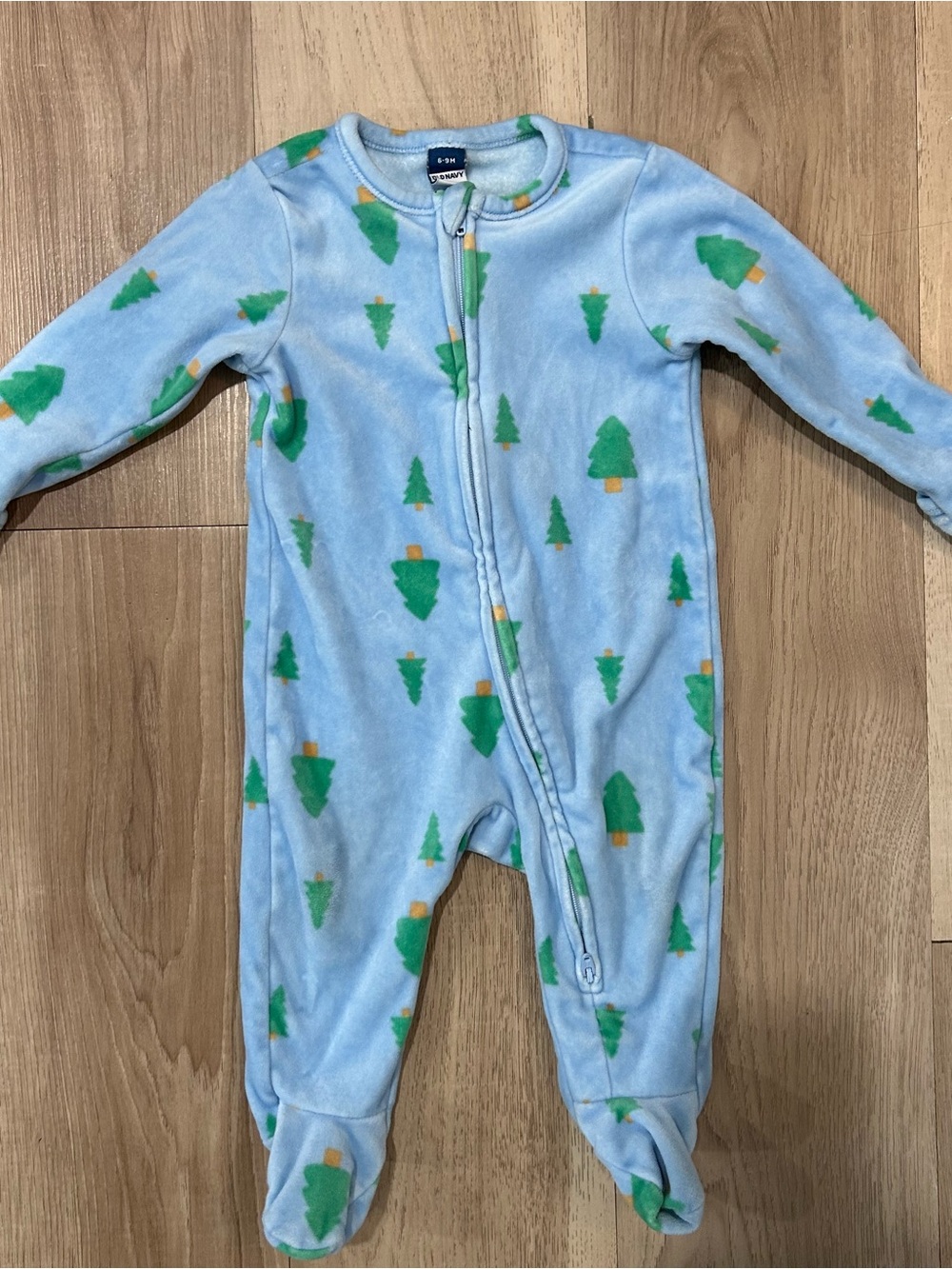 Old Navy Baby Blue Fleece Footed Sleeper Pajamas Tree Print Zip Front 6-9M